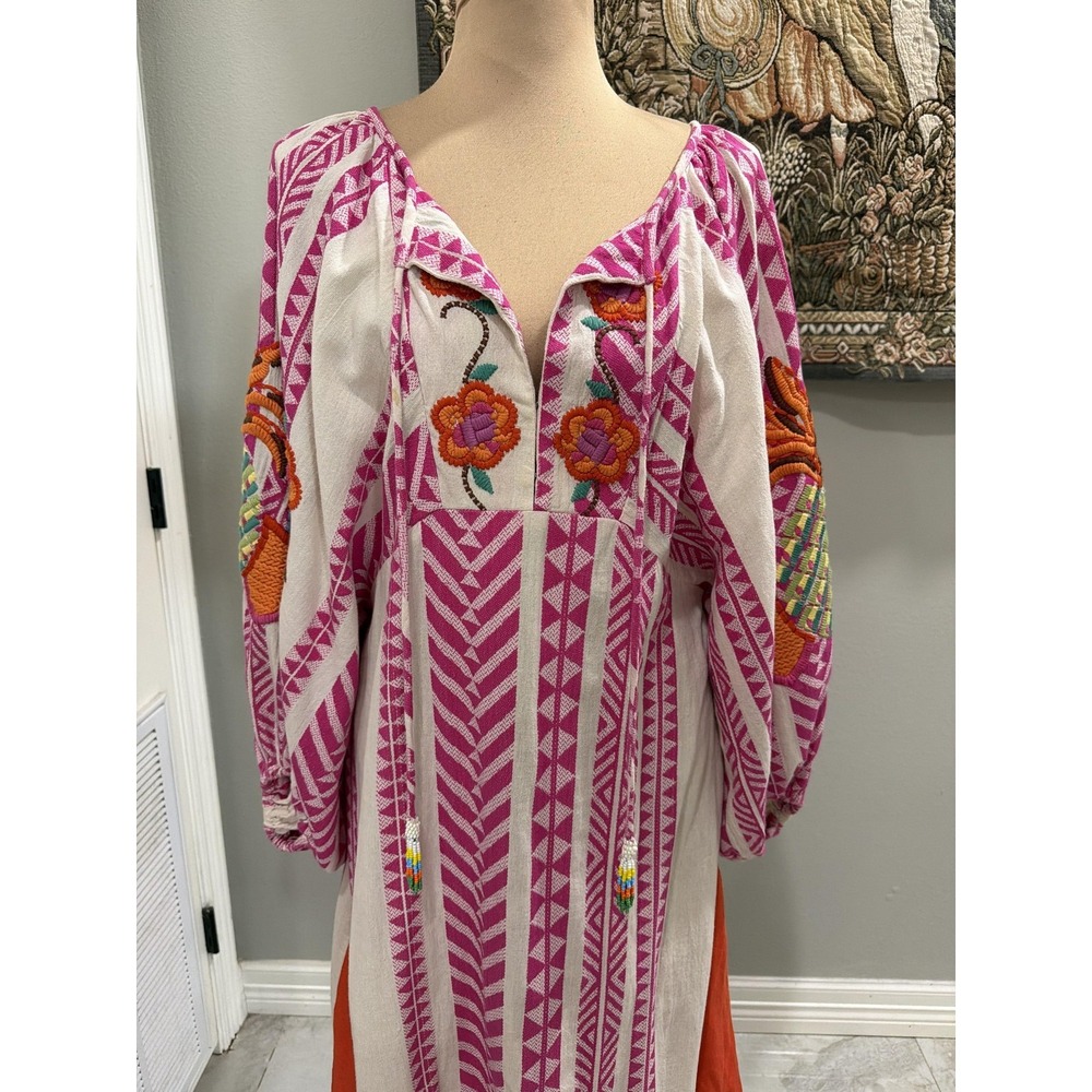 Farm Rio Dress Womens Medium Pink Striped Embroidered Kaftan‎ Maxi Boho - Picture 3 of 11